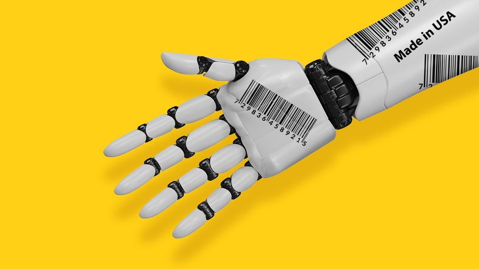 A bionic prosthetic hand covered in barcodes and Made in USA logos, set against yellow background