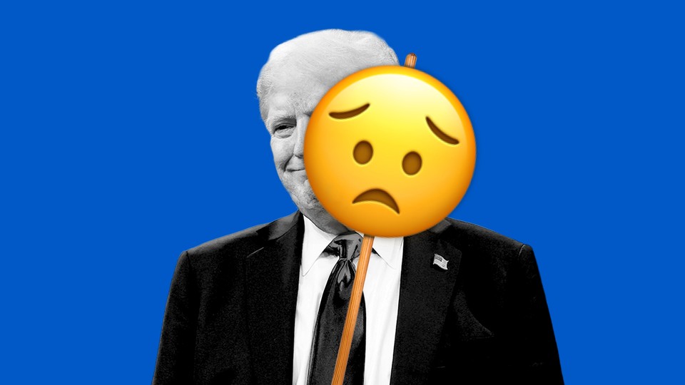 A smiling Trump appears to remove a mask of a worried emoji face.