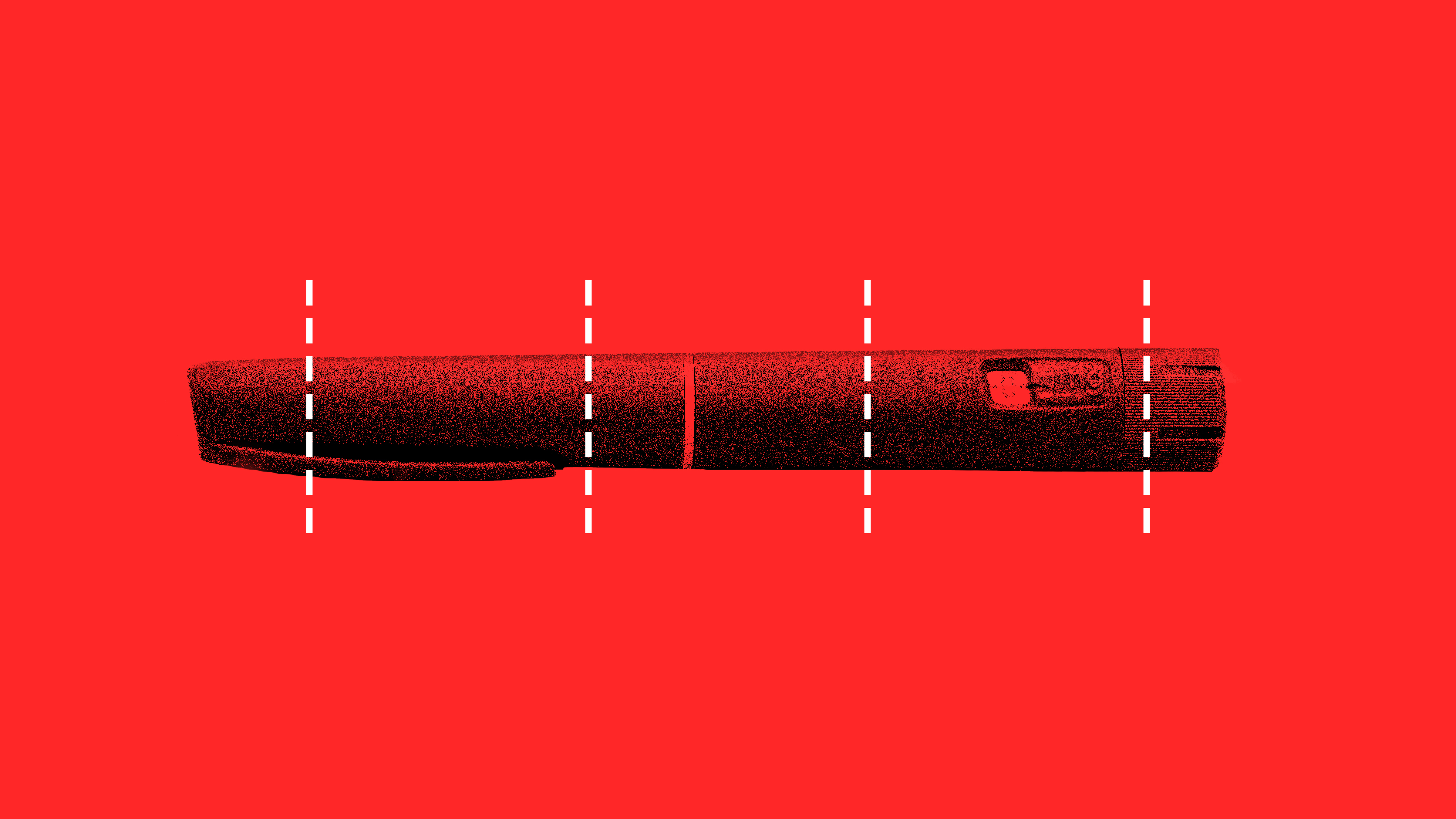 An Ozempic pen against a red background with white dotted lines dividing it into pieces