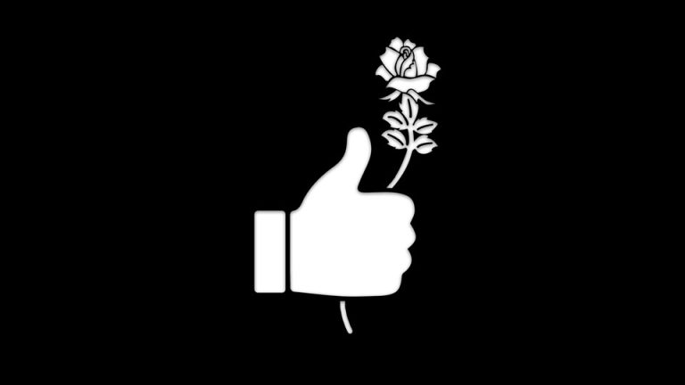 An illustration of a "Like" thumbs-up holding a rose