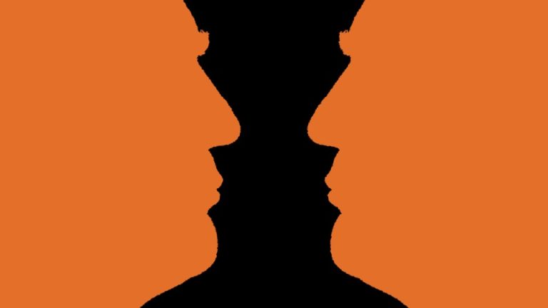 Two orange silhouettes of Donald Trump against a black background