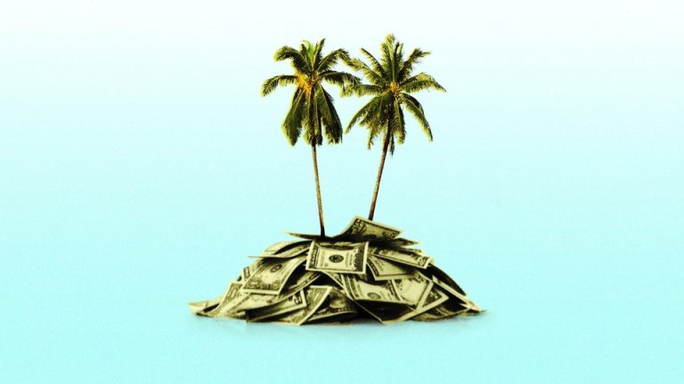 two palm trees growing on a small island made of money