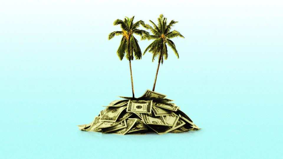 two palm trees growing on a small island made of money