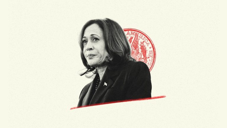 Kamala Harris in front of a coin