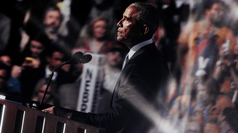 Photo of Barack Obama giving a speech at the Democratic National Convention