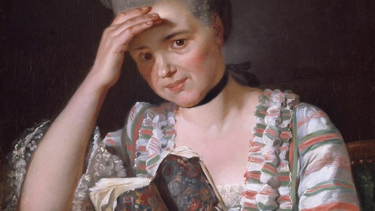 A painting of an exasperated woman holding a book