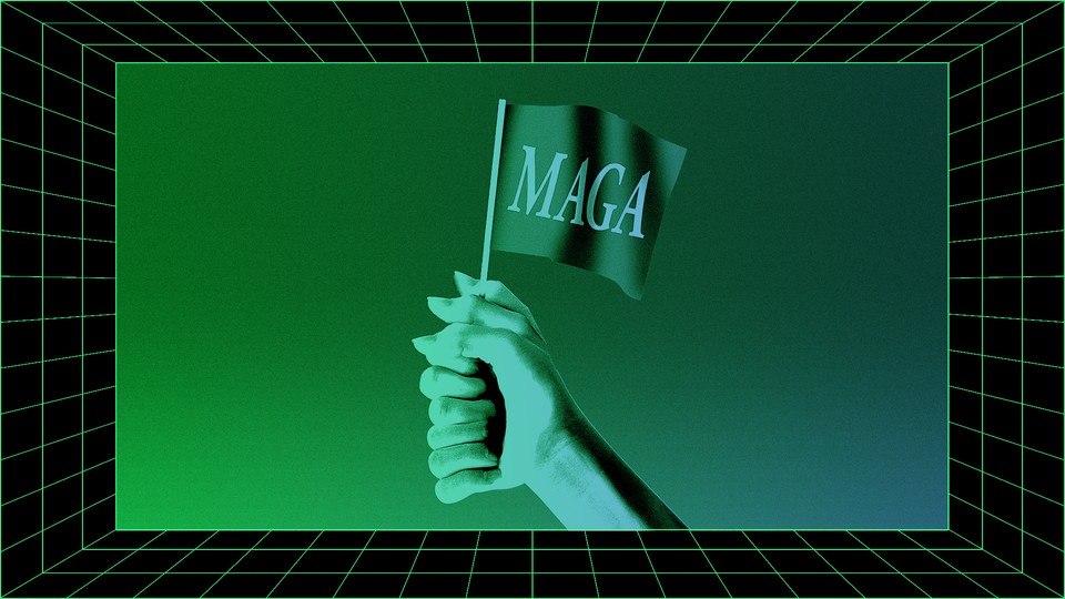 A glitchy hand holds a MAGA flag