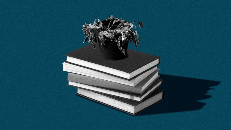 A shriveled plant on top of a stack of books