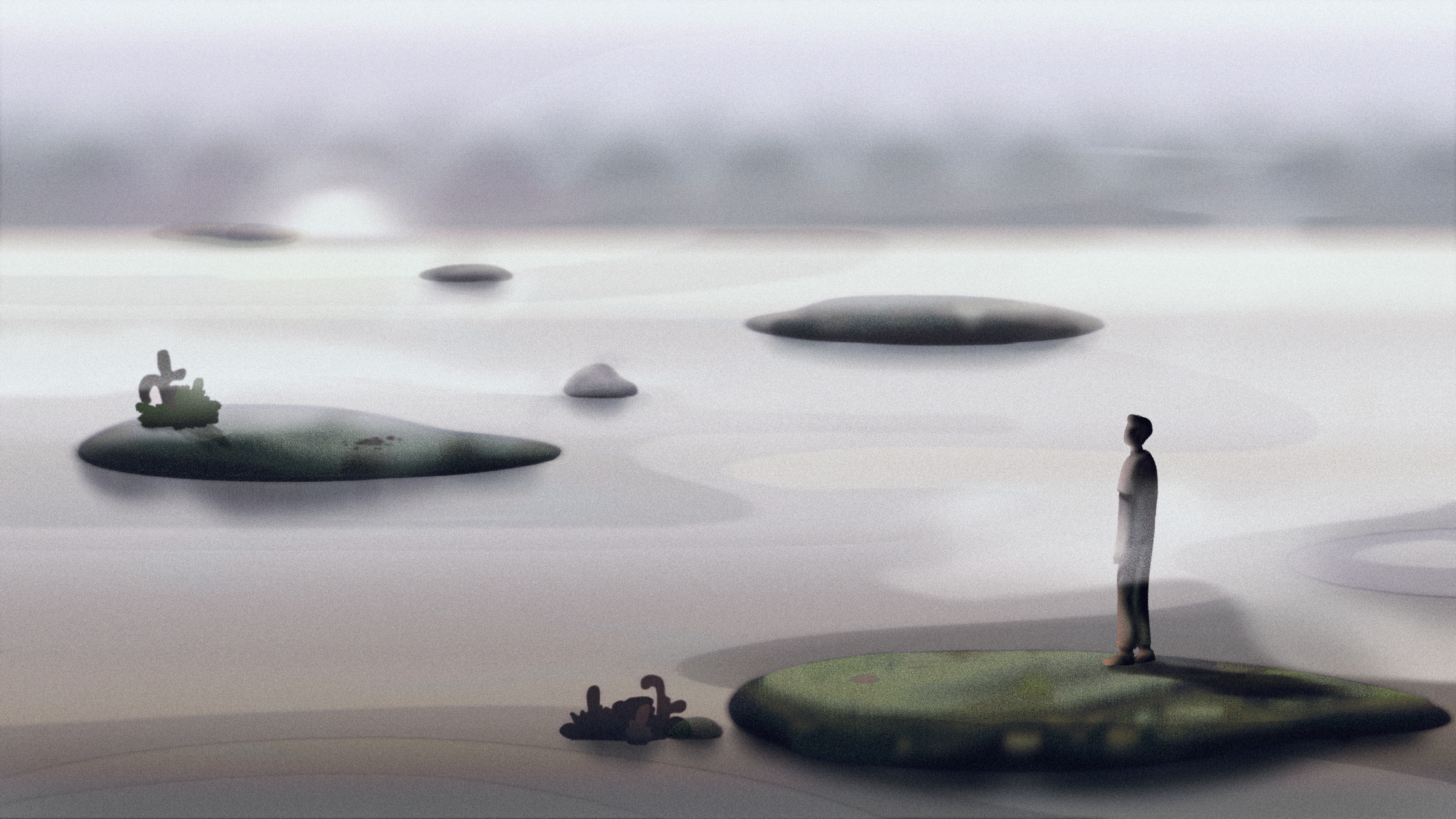 A person stranded on an island and looking out over the water to other islands