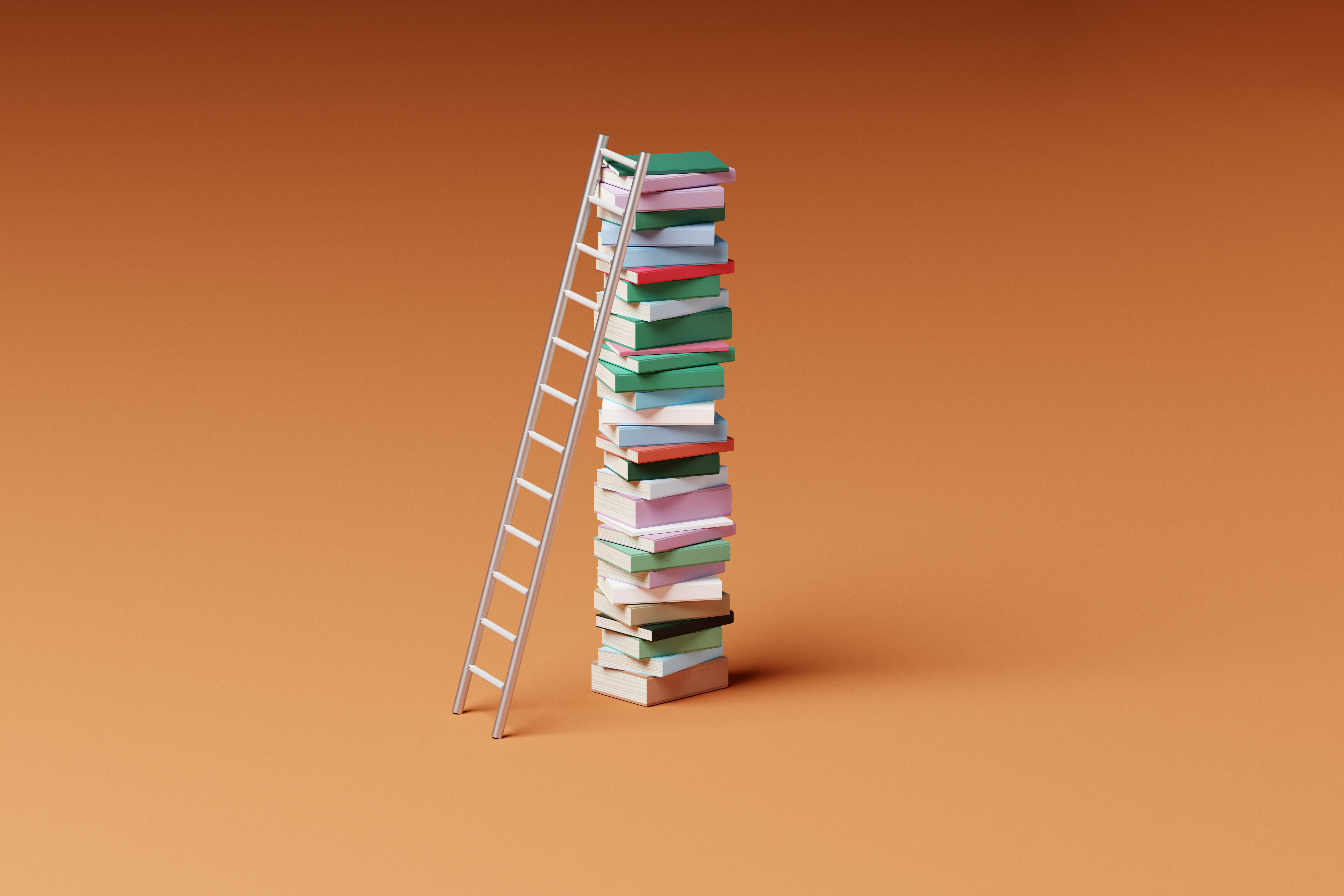 A ladder propped up against a stack of books