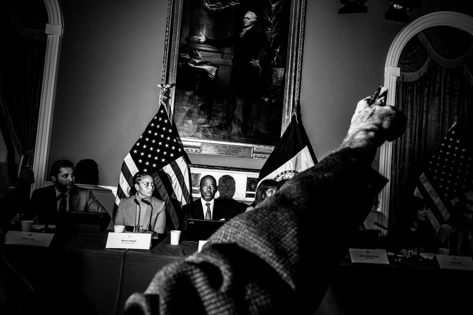 “New York City mayor Eric Adams holds his weekly press conference in the Blue Room of City Hall, in NYC on November 14, 2023.” (Mark Peterson / Redux)