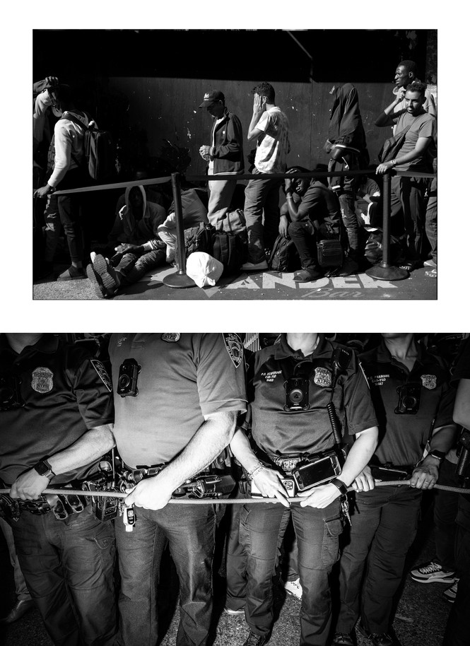 Diptych: (Top) Asylum seekers outside of the Roosevelt Hotel on Lexington Avenue waiting to be processed and find shelter on August 1, 2023. (Bottom) Police officers hold a yellow rope to keep the press at a distance from mayor Adams on June 11, 2023.