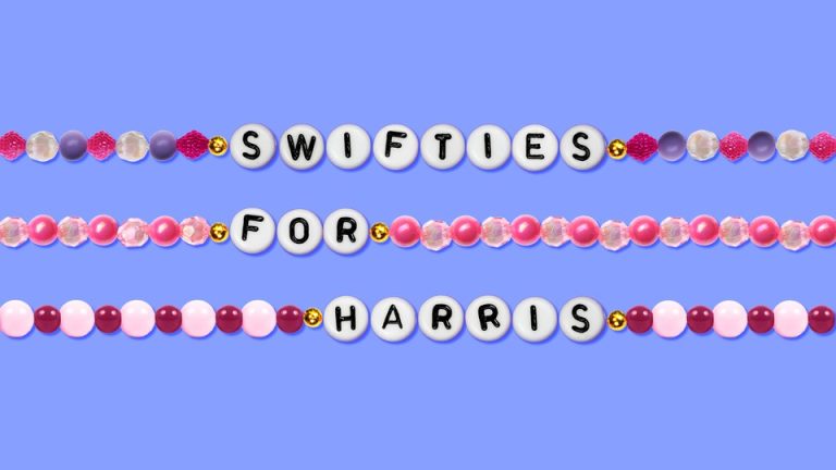 An illustration of beaded bracelets spelling out “Swifties for Harris.”