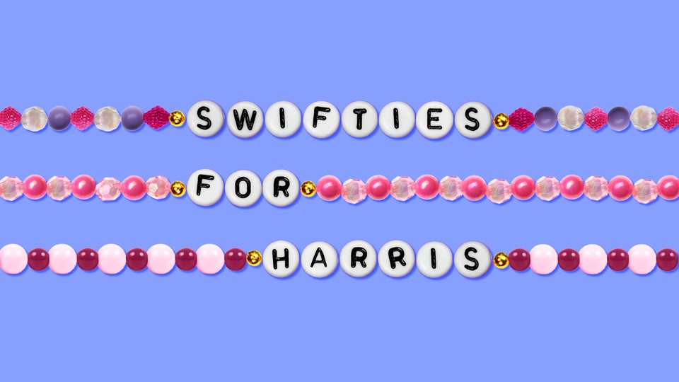 An illustration of beaded bracelets spelling out “Swifties for Harris.”