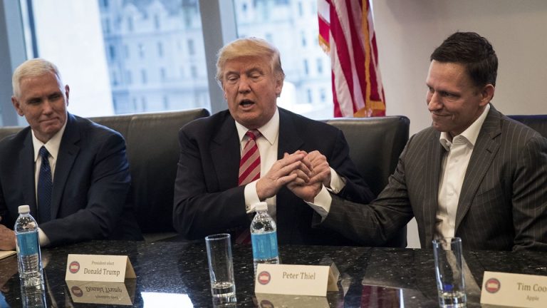 Donald Trump holds hands with Peter Thiel in 2016