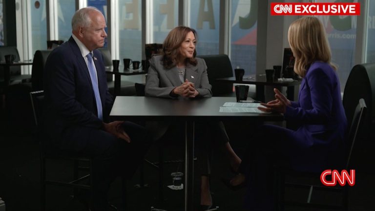 A screengrab photo of Kamala Harris and Tim Walz appearing on CNN.