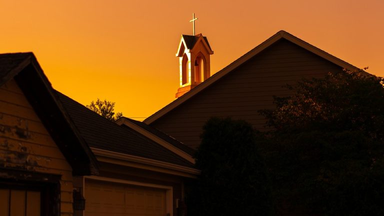 A church against an orange sky