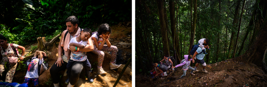 2 fotos: un grupo sentado al borde de un sendero en la selva con un hombre sosteniendo a un niño dormido, junto a otros dos niños exhaustos; un hombre con una mochila y un niño pequeño sobre los hombros caminando por un sendero empinado en la selva, agarrando la mano del niño pequeño y seguidos por otros.