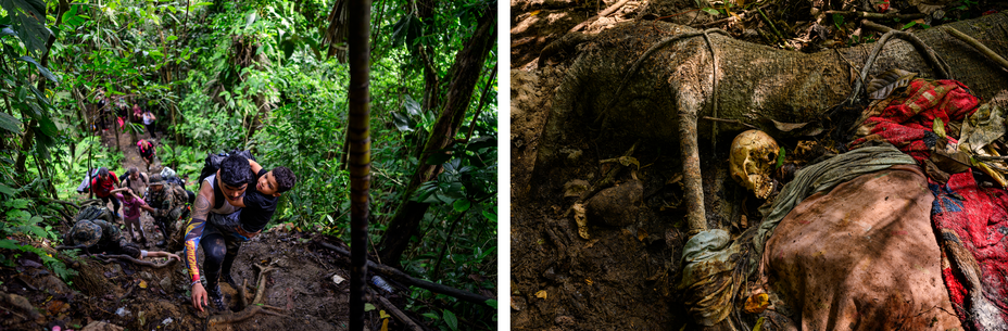 2 fotos: un hombre que sostiene a un niño en sus brazos y busca apoyo mientras sube por un sendero extremadamente empinado, con más personas siguiéndolo mucho más abajo; un cráneo humano debajo de mantas sucias tirado en el suelo junto a grandes raíces de árboles