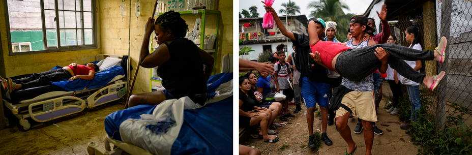 2 photos: woman in red shirt and black pants lying on clinic bed next to window, with another woman sitting on clinic bed across from her;  man carrying same woman in red shirt with stiff legs out of clinic, with other men gesturing behind them, past row of people sitting on ground