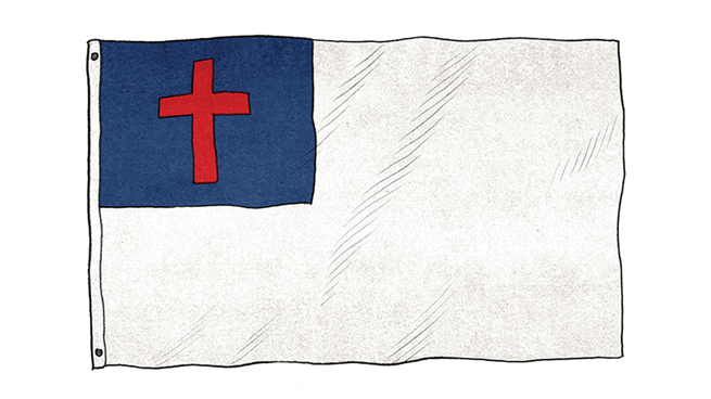 white flag with blue square in upper left containing a red cross