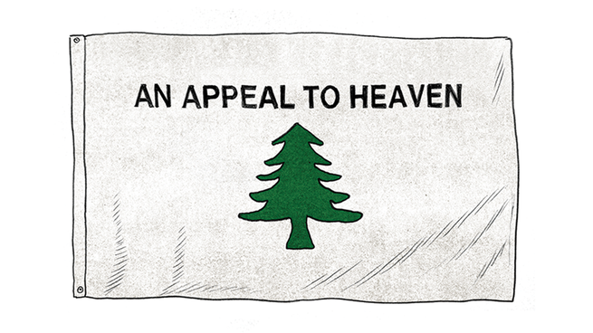 white flag with green evergreen tree and text AN APPEAL TO HEAVEN