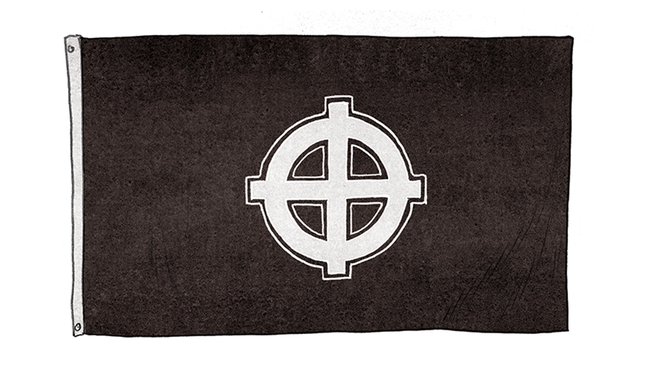 black flag with white circle and cross in center