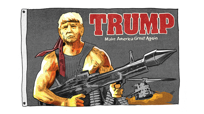 gray flag with Trump depicted as muscular Rambo holding massive weapon with text "TRUMP" and "Make America Great Again"