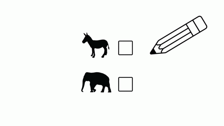 Animated sketch of a pencil choosing between boxes marked next to an elephant or a donkey.