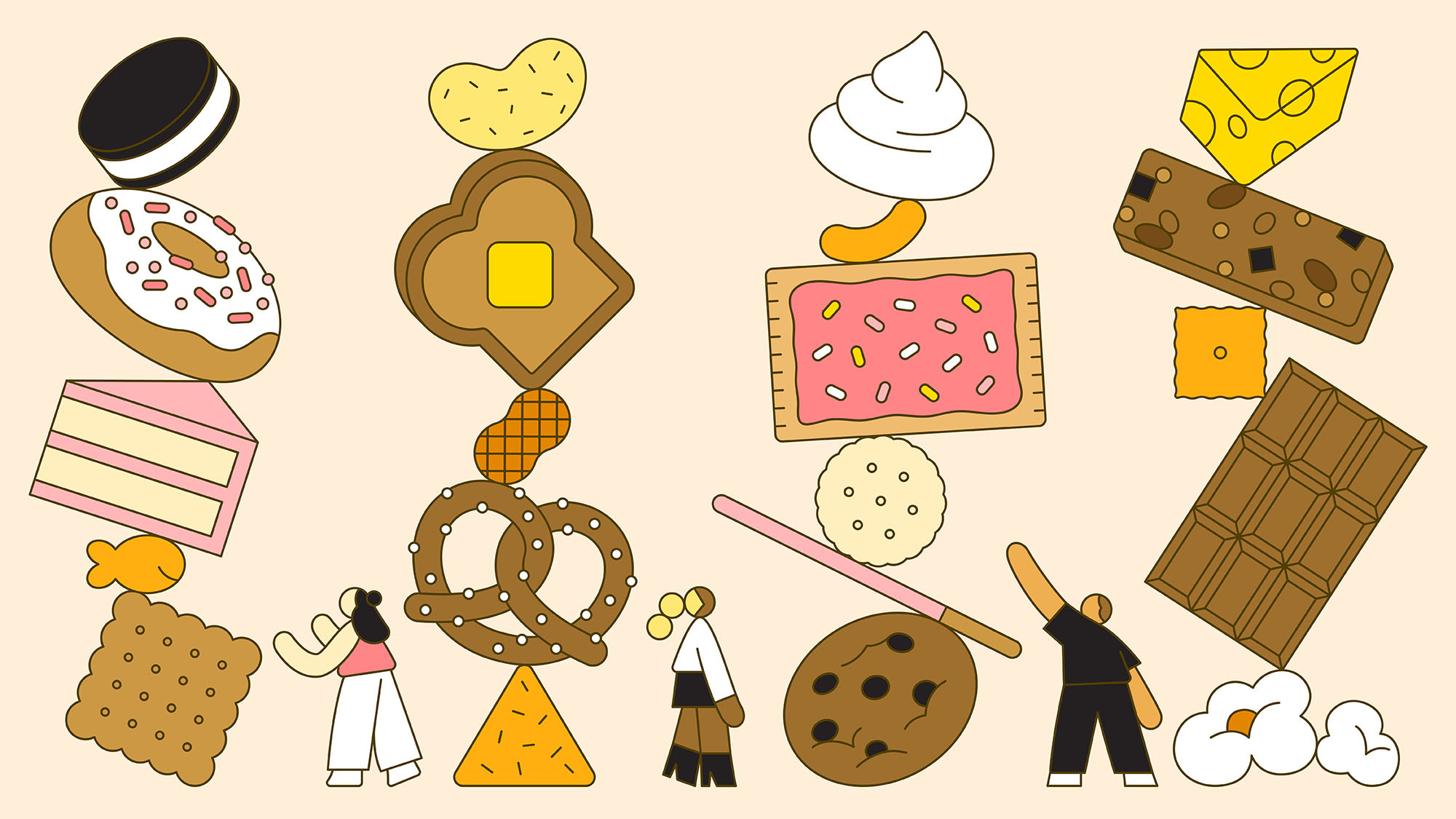 An illustration of multiple different types of snacks, including donuts, Pop Tarts, and pretzels