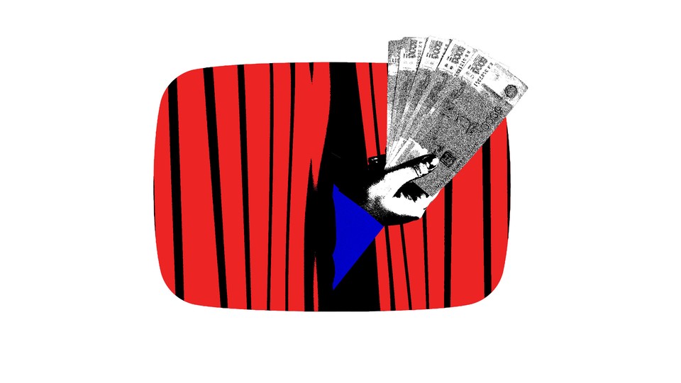 Illustration of a hand coming out of the YouTube logo holding money