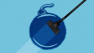 Illustration of bomb being vacuumed over blue background.