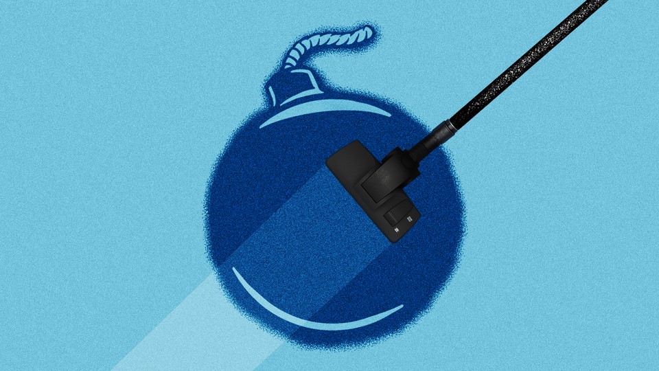 Illustration of bomb being vacuumed over blue background.