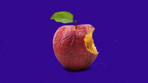 Graphic illustration of an old, rotting apple in the position of the Apple logo, on a royal-blue background