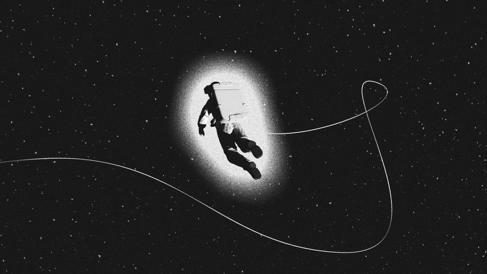 Illustration of an astronaut floating in space, facing away from the viewer, with a long tether trailing out of the frame like a lasso