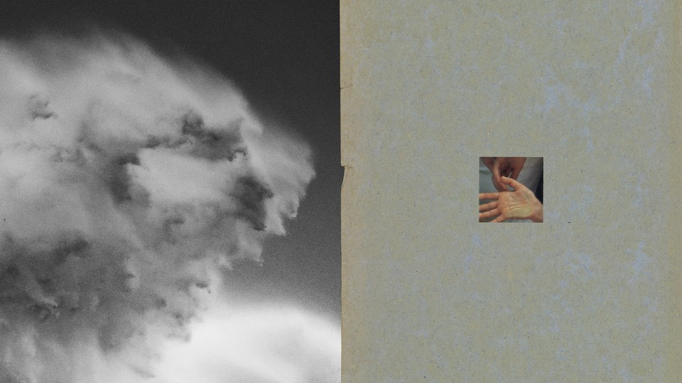 Two panels include a storm cloud on the left and a little square photo of a hand on the right