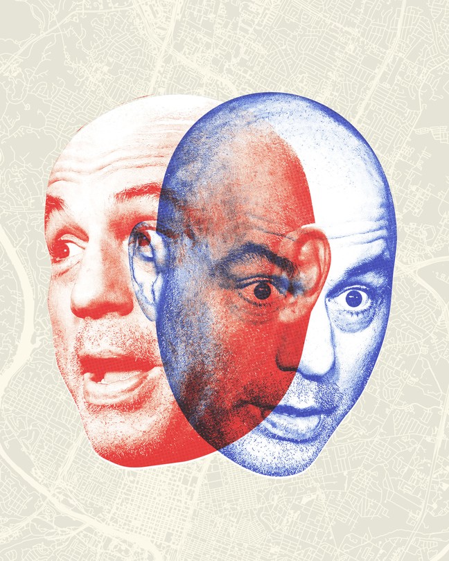 collage of two photos of Joe Rogan's face, one red and one blue, superimposed over a map of the city of Austin, Texas