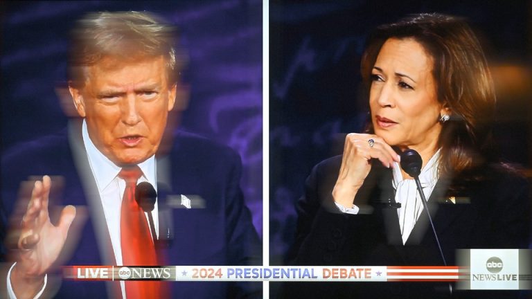 Split-screen image of Donald Trump and Kamala Harris at the presidential debate