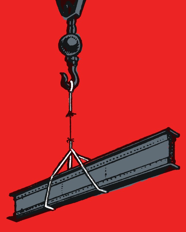 An illustration of a steel I-beam suspended from a fraying cable