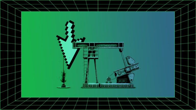 Illustration of an oil rig with a mouse cursor overlaid.