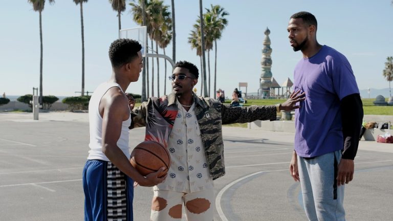 Jabari Banks as Will and Jordan L. Jones as Jazz on a basketball court