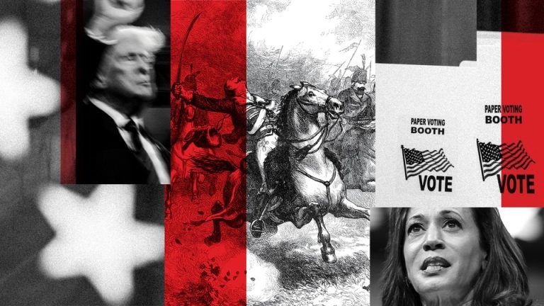 Donald Trump, a Revolutionary War illustration, and Kamala Harris