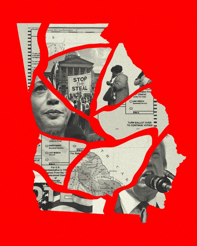 A photomontage illustration featuring Donald Trump and Kamala Harris and a map of Georgia