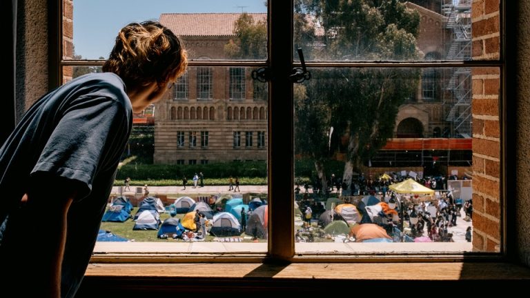 A student looks out of a window at an encampment protest.