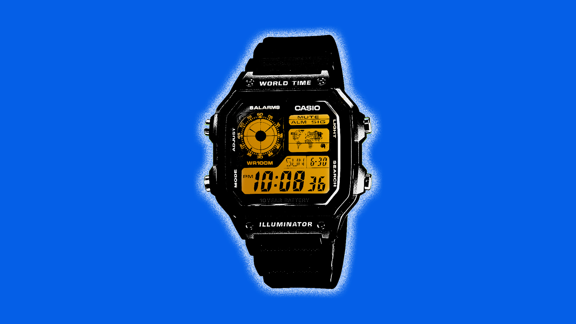 image of a black Casio World Time watch against a blue background