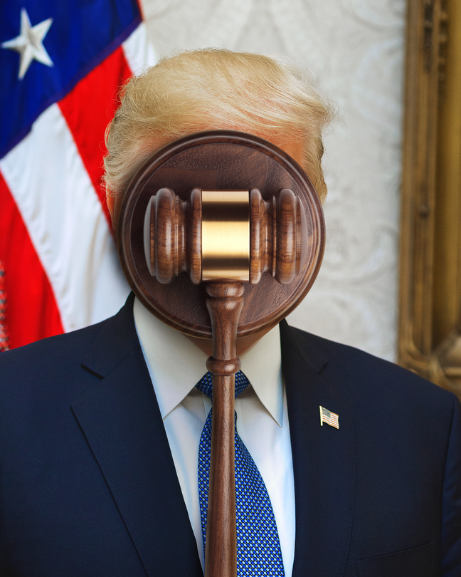 photo-illustration with image of Donald Trump with judge's gavel over his face, with U.S. flag in background