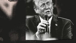 photograph of Donald Trump holding a microphone