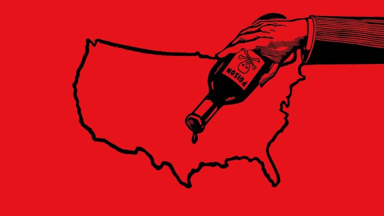 An illustration showing someone pouring poison onto the United States