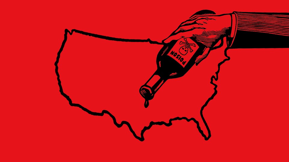 An illustration showing someone pouring poison onto the United States