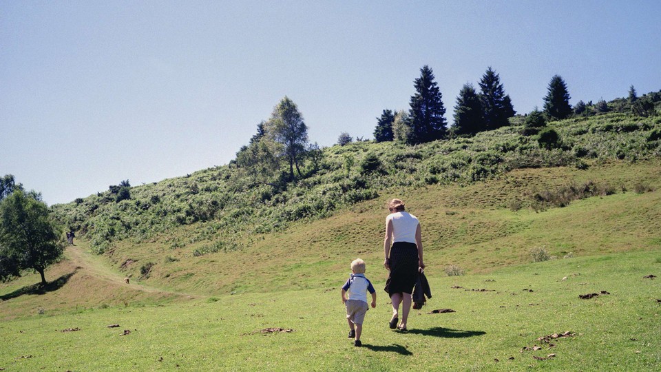 A photo of a parent and a child walking across a grassy expanse